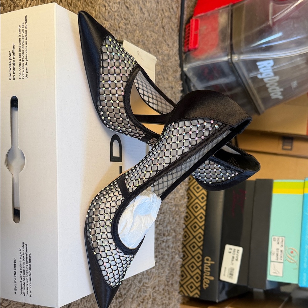 Aldo Black Heels, Satin, Mesh with Rhinestones. Size 7.5